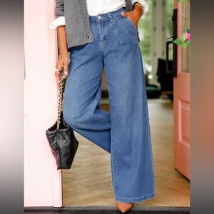 Risen Birds of a Feather Mid Rise Wide Leg Knit Jeans